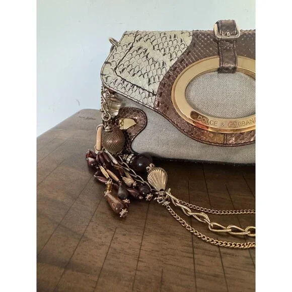 Dolce & Gabbana Y2K Brown Gold Leather & Jute Shoulder Bag Statement Charm Strap - Picture 4 of 16